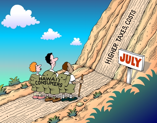 Hawaii consumer cartoon, consumers will see steep increase in costs come  July due to largest tax increase in Hawaii history, hikers on trail color  illustration, editorial, political cartoon by John Pritchett for