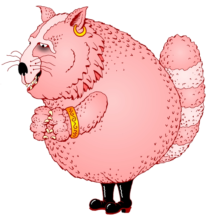 Pink cat cartoon, cat illustration, fat cat in boots cartoon character,  whimsical animal artwork by John Pritchett