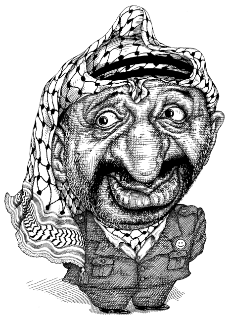 Arafat, Yasser Arafat Caricature, PLO leader, Palestine, Palestinian,  portrait, drawing, likeness, character, caricatures by caricaturist,  cartoonist, illustrator, John Pritchett