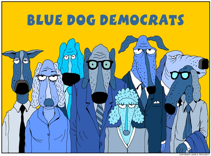 Blue Dog Democrats cartoon, whimsical, color dog cartoon by John Pritchett