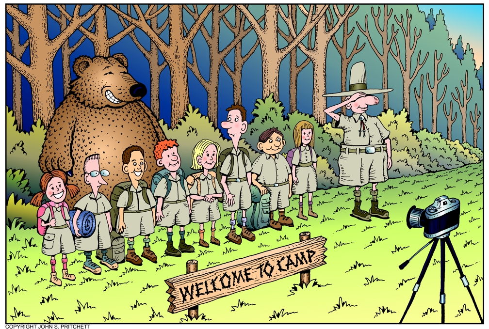 Summer camp cartoon, bear cartoon, summer camp photo, kids at camp cartoon,  summer vacation, whimsical, color cartoons by cartoonist, artist John  Pritchett