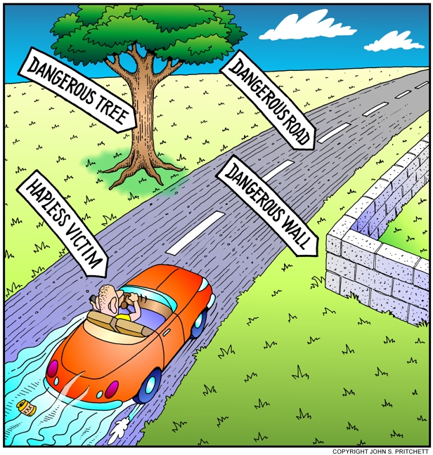 Highway safety cartoon, automobile accidents, dangerous road, satire cartoon,  drivers, traffic, cars, motorist cartoon, color illustration by John  Pritchett