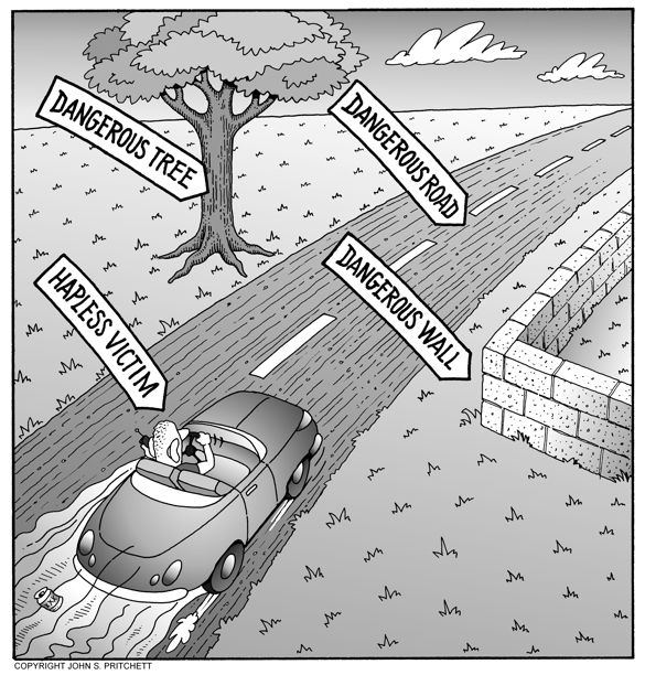 Highway safety cartoon, dangerous road, traffic safety, automobile accidents,  drivers, cars, editorial cartoon, Honolulu Weekly Pritchett cartoons