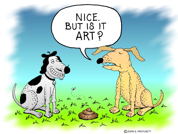 Dog cartoon, two dogs discuss art, dog poop cartoon, canine humor, doggie  doo, whimsical, color cartoon by cartoonist, artist John Pritchett