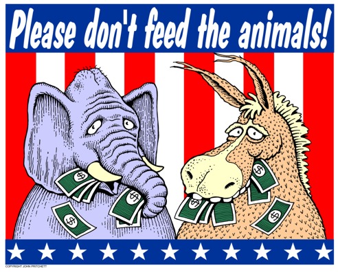 Please don't feed the animals, cartoon illustration, political parties,  elephant, Republican, donkey, Democrat, tax revolt cartoon, political  drawings by Pritchett