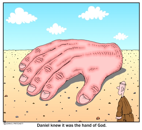 The Hand of God cartoon, Bible story satire, whimsical, humorous, zany  cartoons by cartoonist, artist John Pritchett
