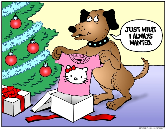 Dog cartoon, Dog Christmas gift cartoon illustration, Dog gets Hello Kitty sweater, just what he always wanted, dog opens Christmas gift under Christmas tree, whimsical, color dog cartoon by John Pritchett Dog cartoon, Dog Christmas gift cartoon illustration, Dog gets Hello Kitty sweater, just what he always wanted, dog opens Christmas gift under Christmas tree, whimsical, color dog cartoon by John Pritchett