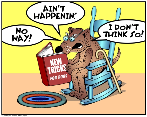 Dog cartoon, You can't teach an old dog new tricks cartoon, old dog in  rocking chair illustration, new tricks for dogs book, whimsical color dog  illustration by John Pritchett
