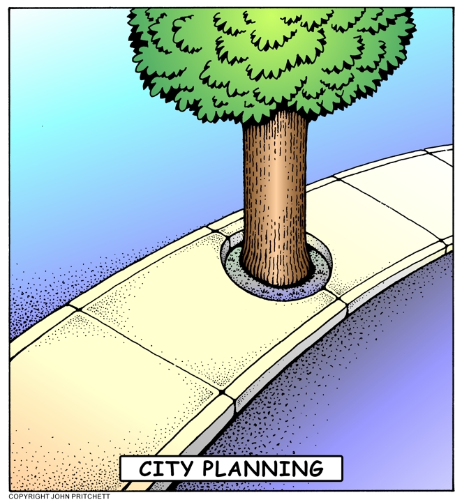 City planning cartoon, bad planning cartoon, capital improvement projects,  civic satire, sidewalk, planter image, city government cartoon, editorial,  political cartoons by John Pritchett