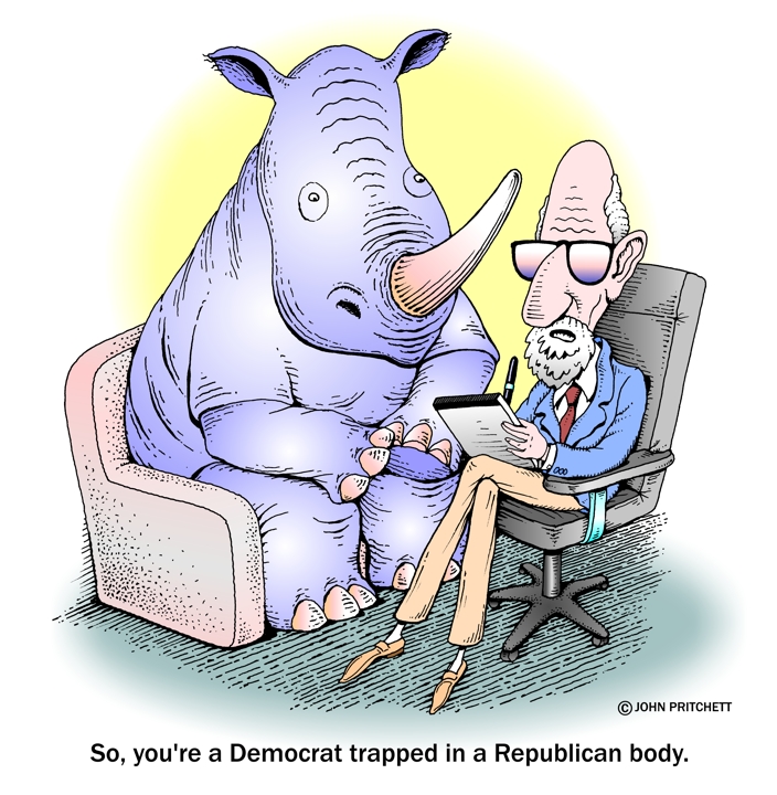RINO, Republican In Name Only cartoon, rhino illustration, national political cartoon satire, Psychiatrist cartoon, editorial cartoon by John Pritchett RINO, Republican In Name Only cartoon, rhino illustration, national political cartoon satire, Psychiatrist cartoon, editorial cartoon by John Pritchett