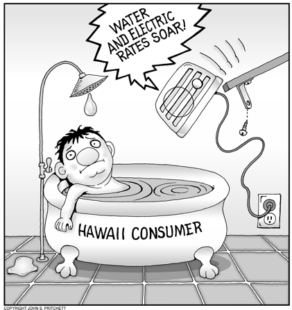 Hawaii water and electric rates soar cartoon, Hawaii consumer cartoon