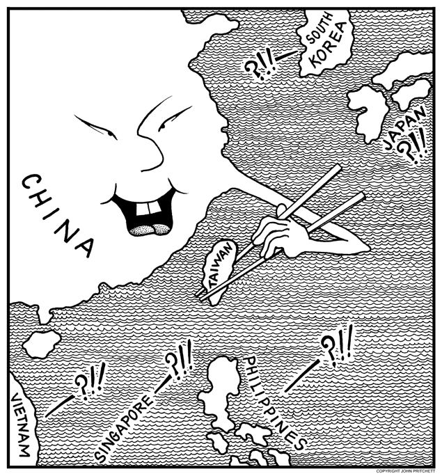 Taiwan, China cartoon, Cartoon China map with chopsticks poised to pluck Taiwan island like wonton, nearby Asain conuntries alarmed, Honolulu Weekly Pritchett cartoons Taiwan, China cartoon, Cartoon China map with chopsticks poised to pluck Taiwan island like wonton, nearby Asain conuntries alarmed, Honolulu Weekly Pritchett cartoons