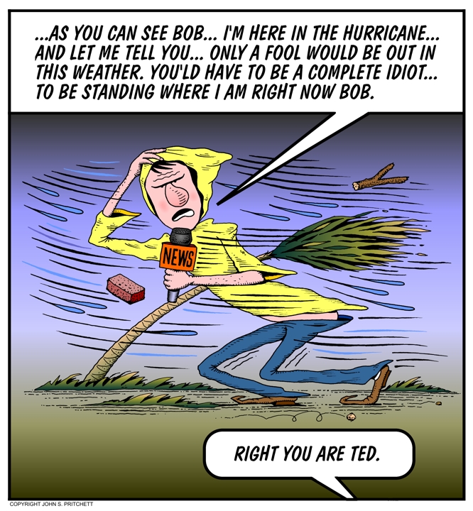 TV News hurricane report cartoon, news media, hurricane coverage satire