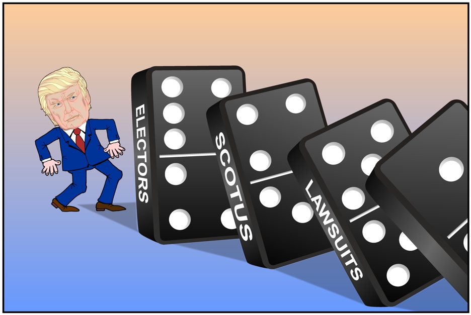 Donald Trump cartoon, failures create domino effect against Trumps efforts  the challenge 2020 election outcome, editorial cartoon for Honolulu Civil  Beat by John Pritchett