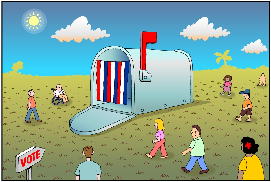 Vote by mail cartoon, Hawaii goes to all mail in voting in 2020