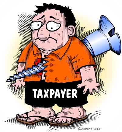 Taxpayer screwed cartoon, color illustration of a taxpayer impaled with giant screw, tax, business cartoon, editorial, consumer cartoon, political drawing by Pritchett Taxpayer screwed cartoon, color illustration of a taxpayer impaled with giant screw, tax, business cartoon, editorial, consumer cartoon, political drawing by Pritchett