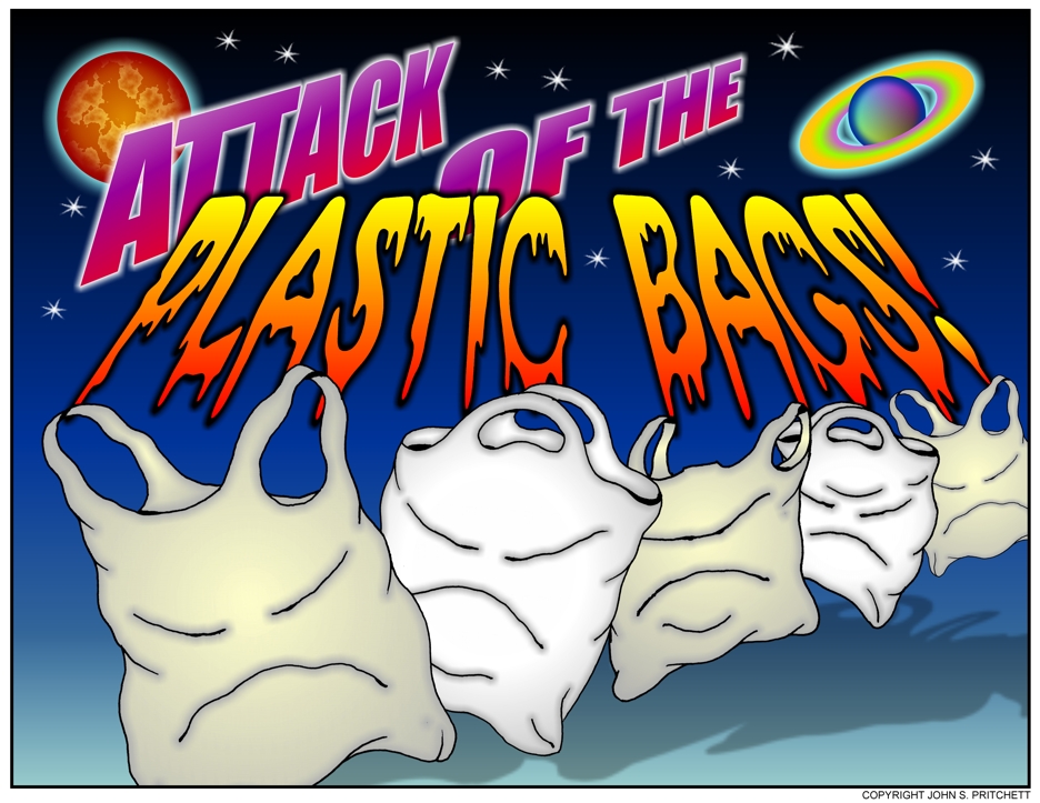 Plastic bag cartoon, Attack of the plastic bags color poster, plastic bag  ban hysteria, si-fi parody, silly environmental laws, color illustration by  John Pritchett for Hawaii Reporter