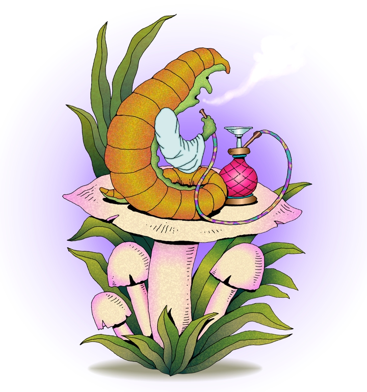 Hookahsmoking caterpillar illustration, drawing by John Pritchett