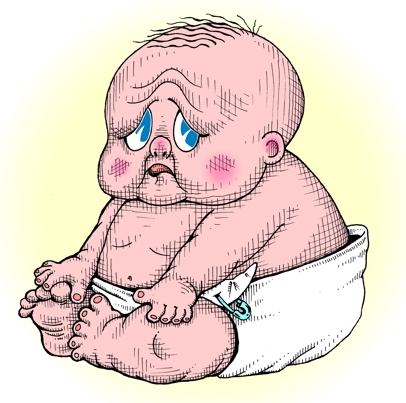 Children's art, cry baby illustration, baby art, crying baby color  illustration, infant cartoon, cry baby image, artwork by John Pritchett