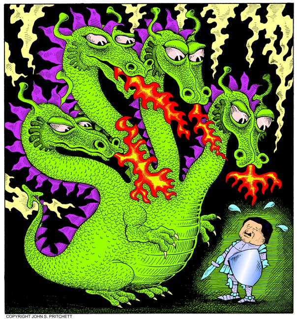 Dragons color illustration, four headed dragon cartoon, fire breathing  dragon image, dragon slayer, knight in armor, color illustration by John  Pritchett