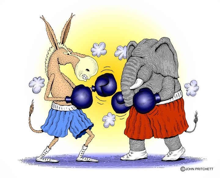 Donkey and elephant fighting, color illustration, partisan rancor