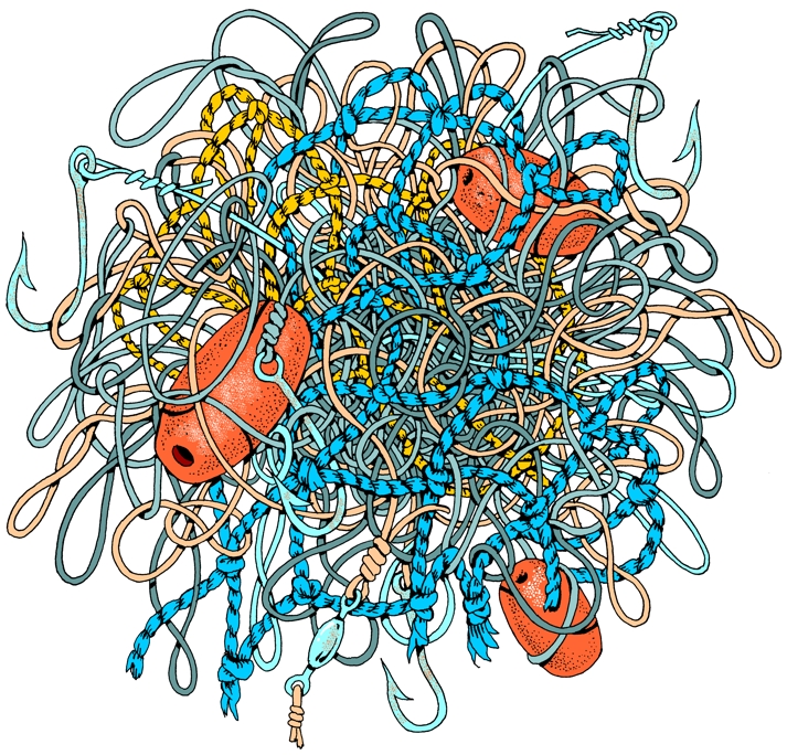 Fishing line, fish net rat's nest illustration, color art of fisherman's  bird's nest, mess of fishing line, nets, hooks, floats, overfishing, fishing,  fish, fisheries, fishermen, conservation color cartoon by John S. Pritchett