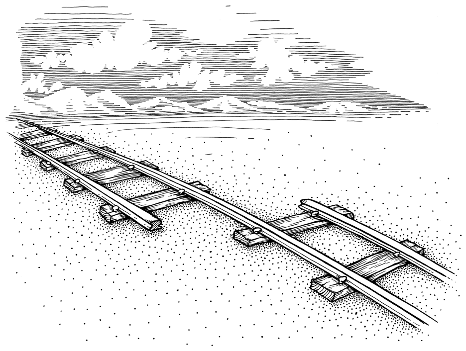 On the Wrong Track, cartoon, misaligned railroad tracks line drawing,  graphic, Illustrations by John Pritchett