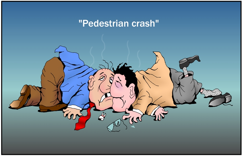 Pedestrian crash cartoon, two pedestrians crashed into each other